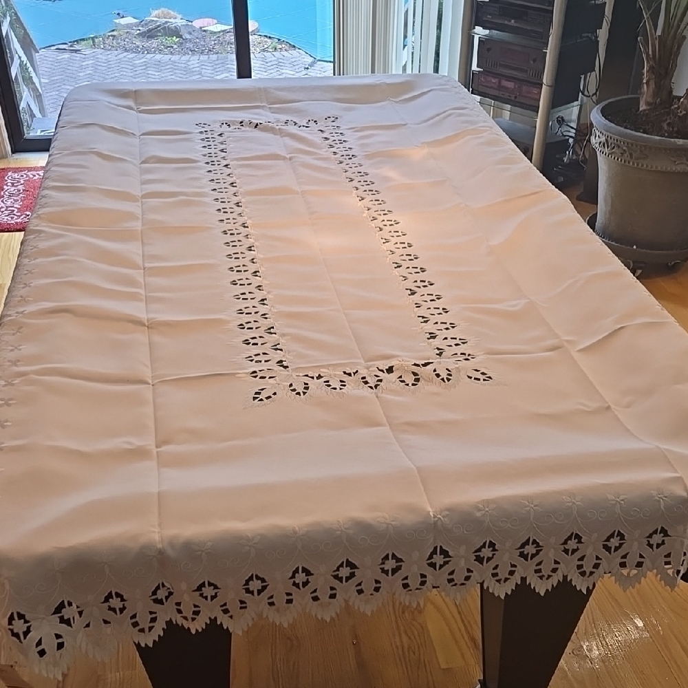 Elegant White Embroidered Lace Tablecloth